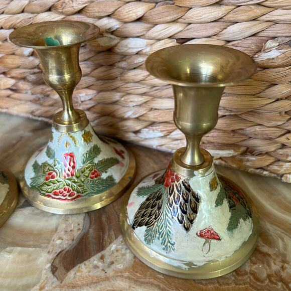 Enamel Brass Candle Holders: Set of 3 - Picture 3 of 7